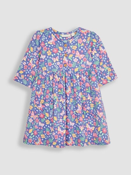 Purple Butterfly Floral Button Front Pet In Pocket Long Sleeve Jersey Dress (Q80961) | €30