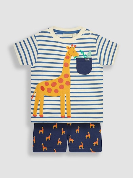 Ecru Navy Stripe Giraffe Appliqué T-Shirt & Shorts Set (Q81776) | $46