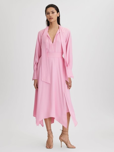 Tie Neck Zip Front Midi Dress in Pink (Q82062) | $400