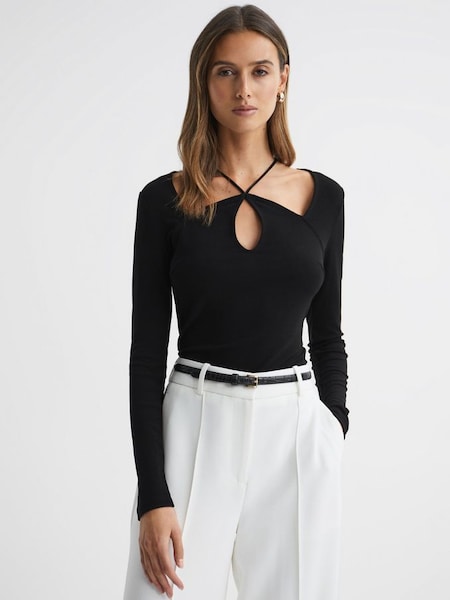 Jersey Cut-Out Strappy Top in Black (Q82065) | HK$751
