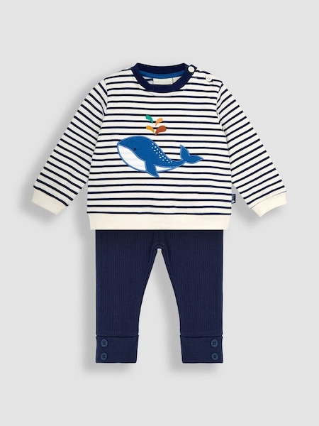 Ecru Navy Stripe Whale Appliqué Jersey Sweatshirt and Joggers Set (Q82918) | $48