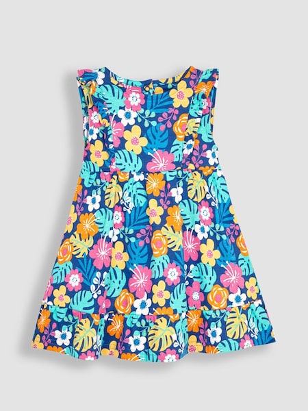 Navy Blue Floral Frill Shoulder Pretty Summer Jersey Dress (Q83135) | $34