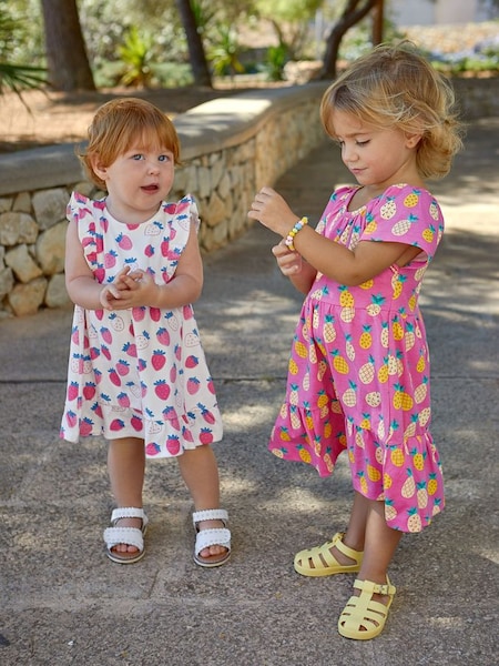 Pink Strawberry Frill Shoulder Pretty Summer Jersey Dress (Q83145) | €26