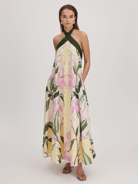 Florere midi-jurk met print en halterhals in vaalgeel (Q83285) | € 345