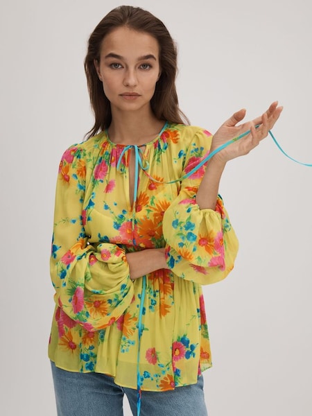 Limoengroene blouse met print en gestrikte hals (Q83303) | € 185