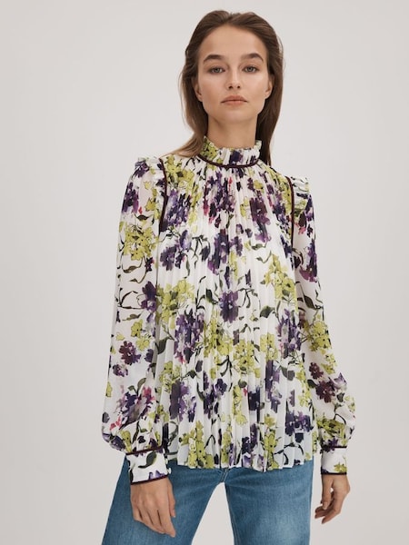 Ivoorwitte/meerkleurige geplooide blouse met Florere-print (Q83313) | € 185