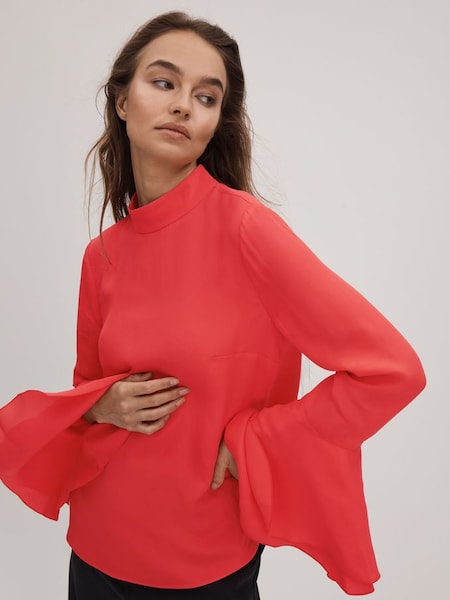 Florere Fluted Cuff Blouse in Deep Coral (Q83316) | $210