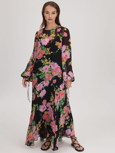 Florere roze/zwarte asymmetrische midi-jurk (Q83329) | € 385