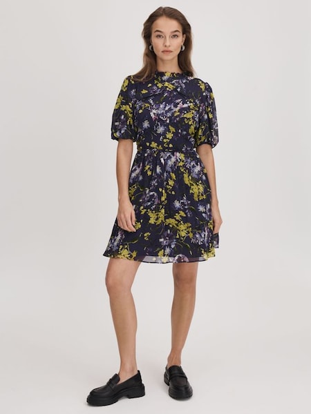 Florere - Donkerpaarse mini-jurk met pofmouwen en print (Q83332) | € 245