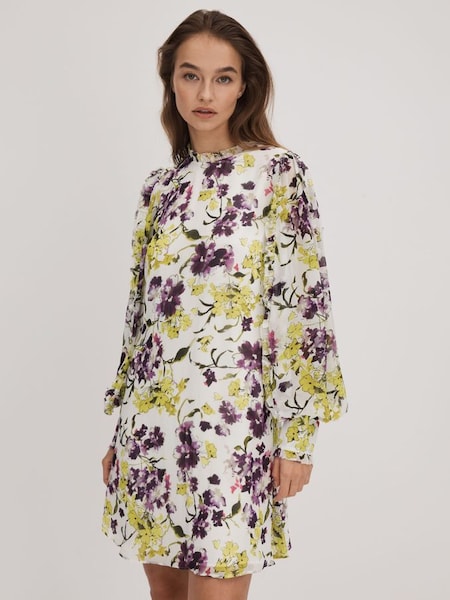 Florere Printed Blouson Sleeve Mini Dress in Ivory/Multi (Q83333) | $360