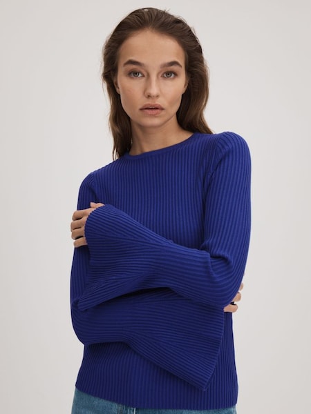 Florere Ribbed Fluted Cuff Jumper in Bright Blue (Q83340) | $210