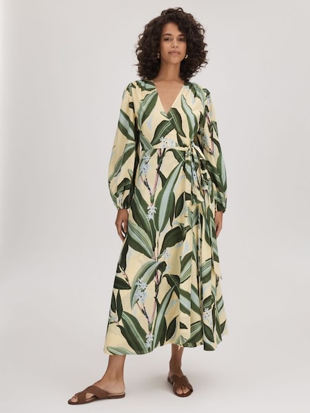 Florere - Vaalgele midi-jurk met overslag en print (Q83343) | € 345