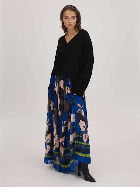 Florere Printed Pleated Maxi Skirt in Blue/Khaki (Q83345) | $295
