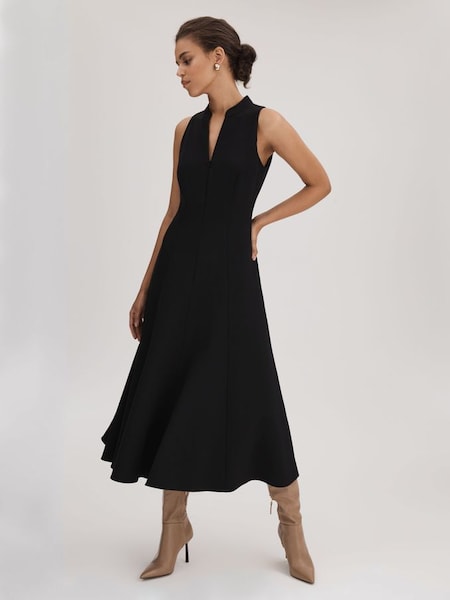 Florere - Zwarte midi-jurk met rits aan de voorkant (Q83351) | € 285