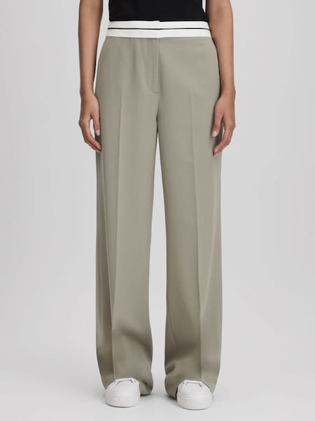 Contrast Waistband Wide Leg Suit Trousers in Green (Q83362) | $350