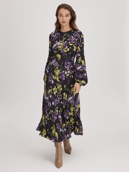 Florere Printed Blouson Sleeve Midi Dress in Dark Purple (Q83366) | HK$3,730