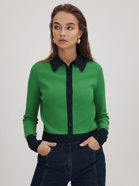 Florere Fitted Contrast Trim Cardigan in Bright Green (Q83367) | $210