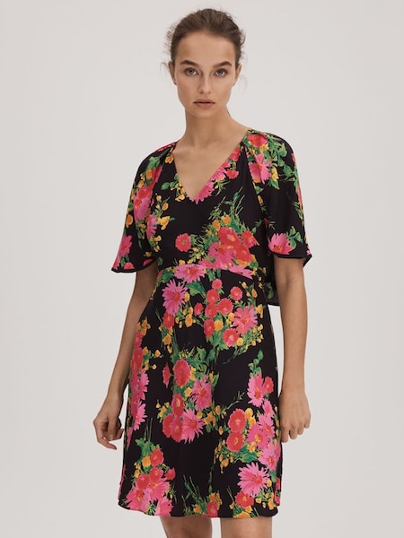 Roze/zwarte Florere mini-jurk met capemouwen en print (Q83368) | € 245