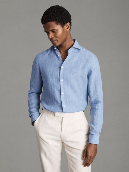 Linen Button-Through Shirt in Sky Blue (Q83383) | SAR 555