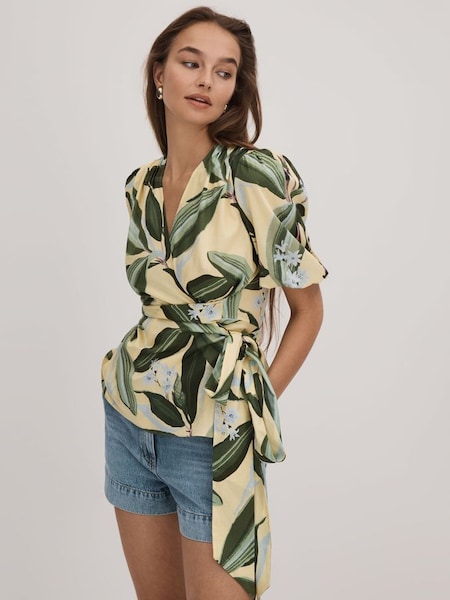 Florere Printed Wrap Blouse in Pale Yellow (Q83386) | $260