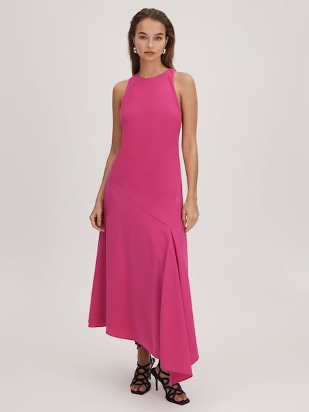 Florere Crepe Asymmetric Midi Dress in Deep Pink (Q83390) | $330