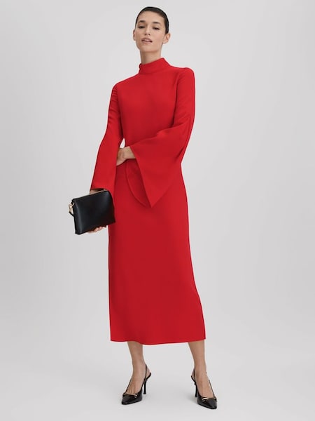 Rode bodyconmid midi-jurk met wijduitlopende mouwen (Q83394) | € 197