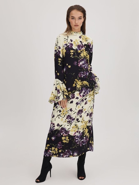Florere Printed Fluted Cuff Midi Dress in Multi (Q83396) | $475