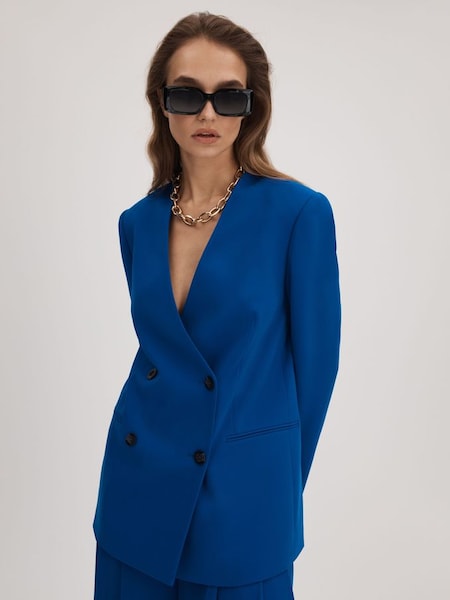 Florere Collarless Double Breasted Blazer in Bright Blue (Q83398) | $395