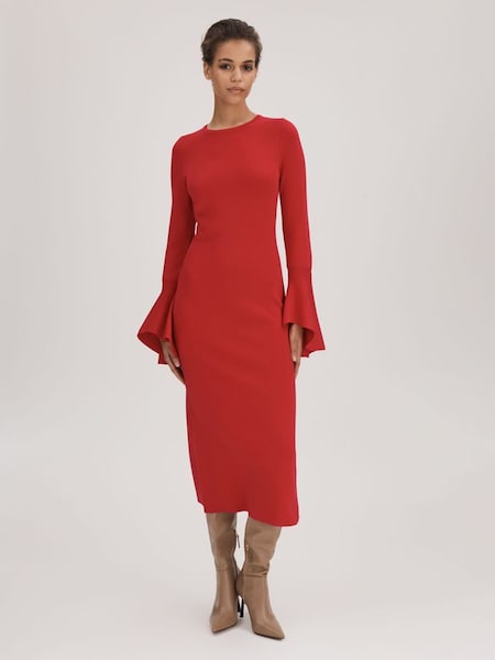 Florere Fitted Fluted Cuff Midi Dress in Red (Q83400) | CHF 255
