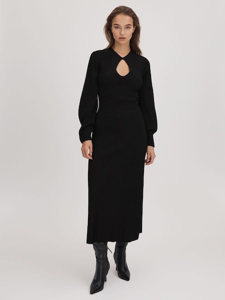 Florere - Geribbelde midi-jurk met blousonmouwen in zwart (Q83415) | € 195