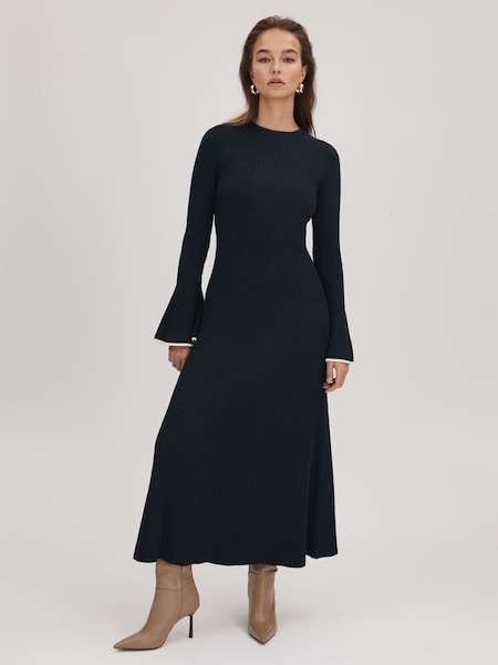 Florere Fitted Fluted Cuff Midi Dress in Navy (Q83419) | $240