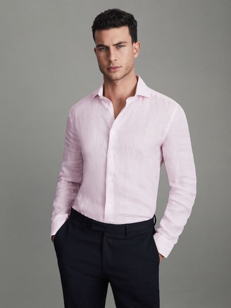 Chemise boutonnée en lin à fines rayures, rose tendre (Q83429) | 140 €