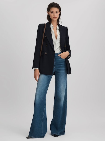Petite Tailored Textured Wool Blend Double Breasted Blazer in Navy (Q85791) | $515