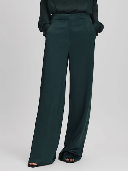 Satin Wide Leg Trousers in Green (Q85818) | $350