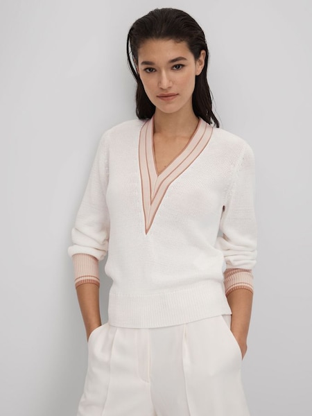 Pullover mit V-Ausschnitt und kontrastierendem Design, Rosa (Q85819) | 195 €
