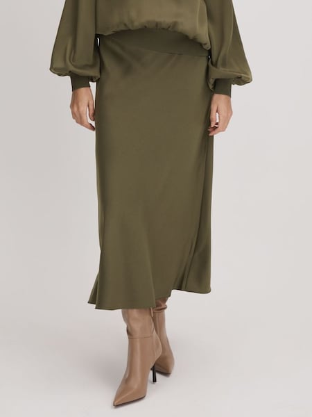 Florere Satin Midi Skirt in Dark Khaki (Q85828) | $260