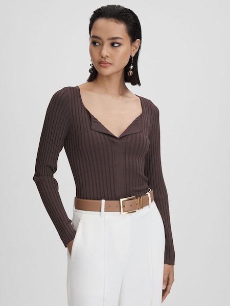 Ribbed Open Collar Top in Burgundy (Q85829) | $190