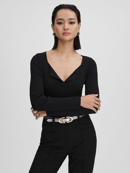 Ribbed Open Collar Top in Black (Q85831) | $190