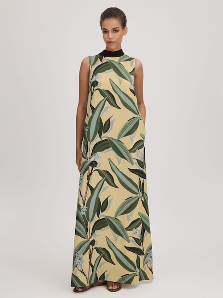 Florere Printed High Neck Maxi Dress in Pale Yellow (Q85848) | $360