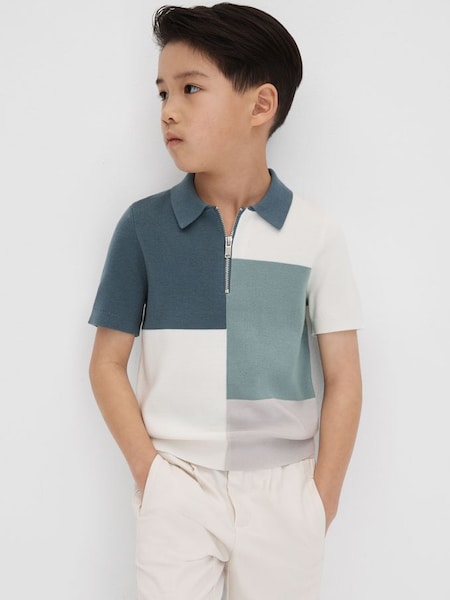 幼童拼色灰綠色半拉鍊Polo衫 (Q87423) | HK$580