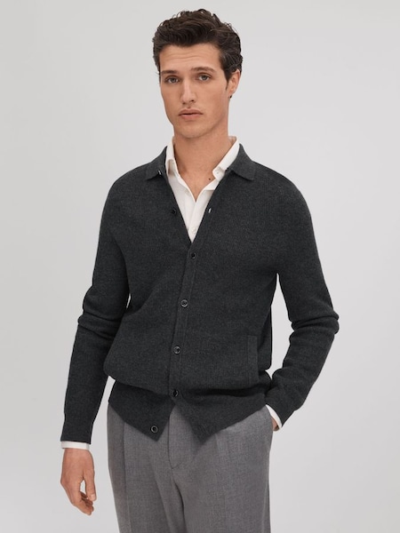 碳黑色羅紋羊毛開襟毛衣 (Q87776) | HK$1,167