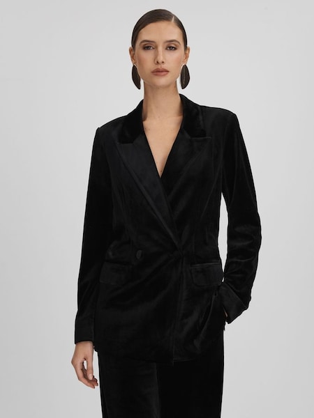 Good American Velvet Double Breasted Suit Blazer in Black (Q91829) | SAR 626