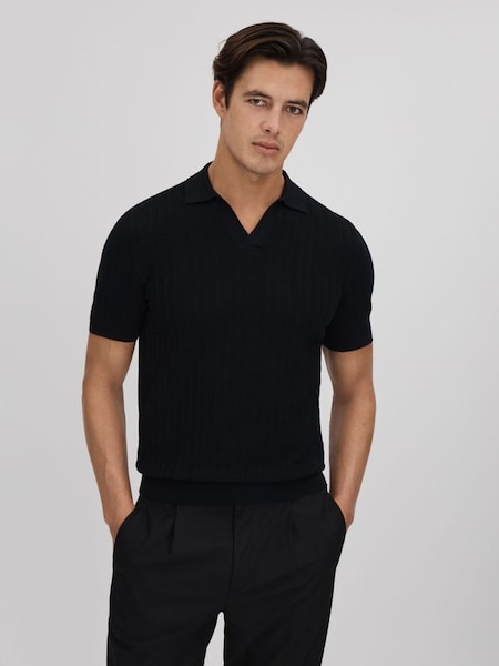 Textured Modal Blend Open Collar Shirt in Black (Q91919) | €140
