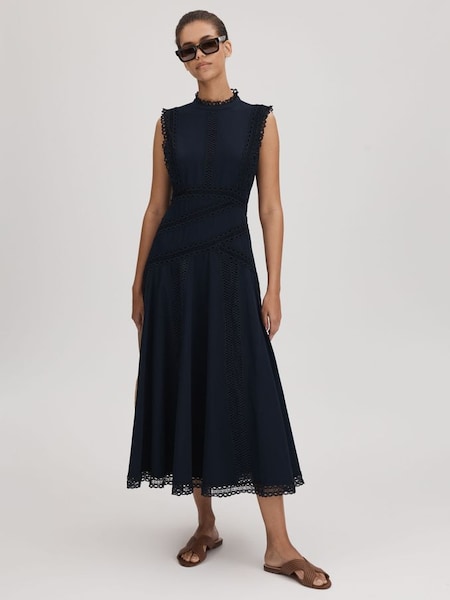 Florere - Marineblauwe katoenen kanten midi-jurk (Q92909) | € 325