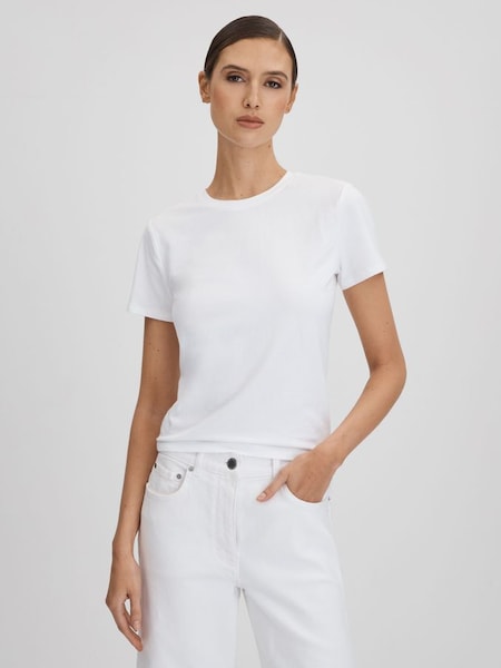 Good American Cropped Cotton Crew Neck T-Shirt in White (Q92975) | $70
