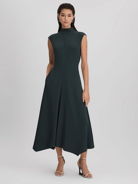 Fitted Asymmetric Midi Dress in Dark Green (Q94251) | $385