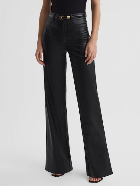 Paige - Zwartleren look jeans met hoge taille en wijde pijpen (Q96455) | € 420