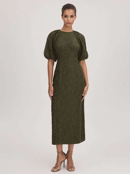 Florere Lace Puff Sleeve Midi Dress in Dark Khaki (Q96645) | $510