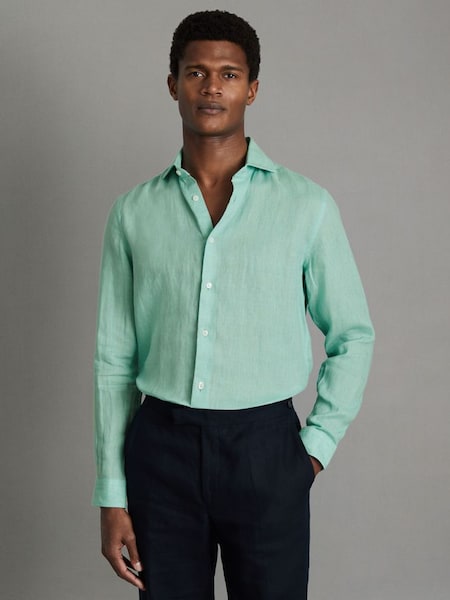 Linen Button-Through Shirt in Bermuda Green (Q99090) | HK$1,480