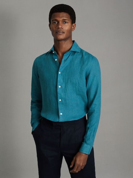 Linen Button-Through Shirt in Teal Blue (Q99092) | SAR 555